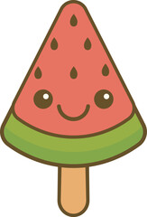 A cute cartoon popsicle shaped like a watermelon slice with smiling face. Bright, colorful, flat, and charming summer treat with a transparent background