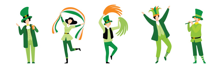 People Character in Festive Green Costumes Celebrating Saint Patrick Day Vector Set