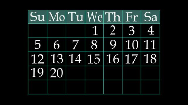 The calendar 22th day of the month is red circled ,Calendar interface with highlighted dates and event icons, looped animation. 4k