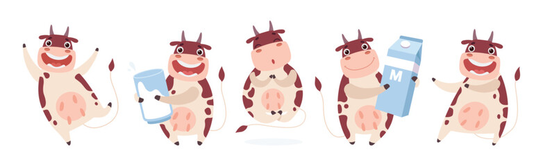 Funny Cow Character with Horn and Udder Enjoy Different Activity Vector Set