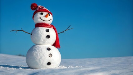 Obraz premium Smiling Snowman with Red Scarf on Sunny Winter Day