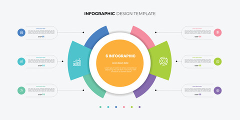 Semicircular pie chart divided into 6 colorful sectors. Concept of six features of startup project to select. Minimal flat infographic for business information visualization