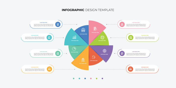 Semicircular pie chart divided into 8 colorful sectors. Concept of eight features of startup project to select. Minimal flat infographic illustration for business information visualization