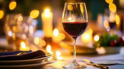 A glass of red wine on a candlelit dinner table with blurred background, wine, glass, drink, alcohol, restaurant, red, table, dinner, wineglass, beverage, glasses, celebration, white, party, red wine,