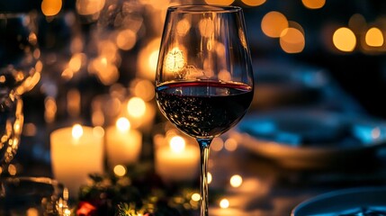 A glass of red wine on a candlelit dinner table with blurred background, wine, glass, drink, alcohol, restaurant, red, table, dinner, wineglass, beverage, glasses, celebration, white, party, red wine,