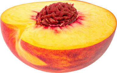 Half a ripe peach cut side showing juicy flesh and pit isolated on fruit