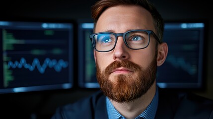 Fototapeta premium Focused business professional analyzing stock market data with digital screens, deep in thought, showcasing financial insights and trends
