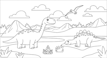 Dinosaur coloring page for kids printable cute dinosaurs landscape illustration vector art on transparent background
