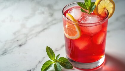 Refreshing Tinto de Verano cocktail in clear glass with ice lemon mint on white marble surface. Cool red drink, perfect for summer, holidays, party, cafe ad. Delicious aperitif for leisure promotion.