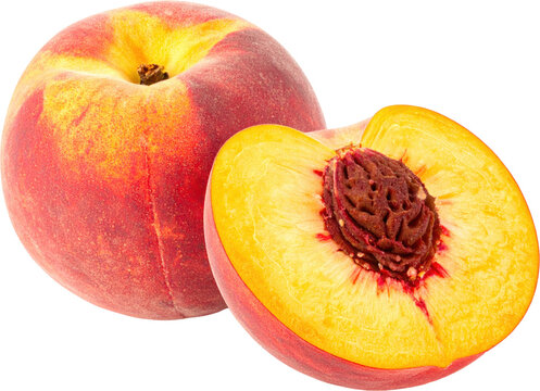 Ripe peach and half peach slice showing juicy flesh and pit Isolate peaches