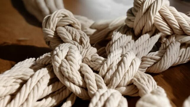 Close-up shows intertwined, thick, white ropes creating an intricate knotting pattern with shadows on a smooth wooden surface.