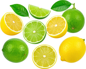 Fototapeta premium Lemons and limes cut and whole with leaves Isolate citrus fruit yellow