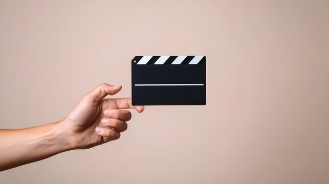Hand Holding Film Clapperboard with Classic Design for Movie Production and Cinematic Projects on Plain Background
