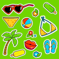 Summer island beach collection, sticker set for kids. Accessories sticker sheet set for swimming fun at the sea, ocean or pool. Cute sticker sheet, planner and scrapbook. Vector illustration
