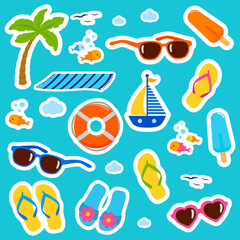 Summer beach vacation objects sticker sheet set. Happy fun sticker set for kids on a tropical holidays island. Cute sticker sheet, planner and scrapbook. Vector illustration