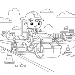 Road construction coloring page for kids with roller truck and worker outline drawing on transparent background