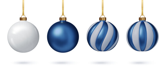 Blue Christmas balls realistic hanging on ribbons. Realistic 3D baubles for winter holiday home decor. Isolated vector elements PNG
