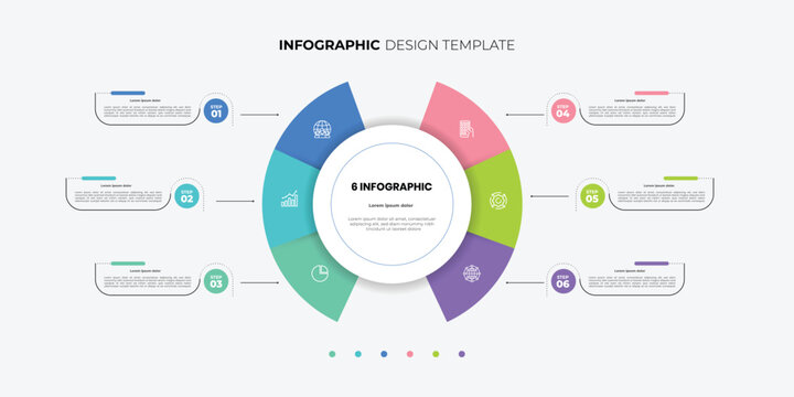 Semicircular pie chart divided into 6 colorful sectors. Concept of six features of startup project to select. Minimal flat infographic for business information visualization