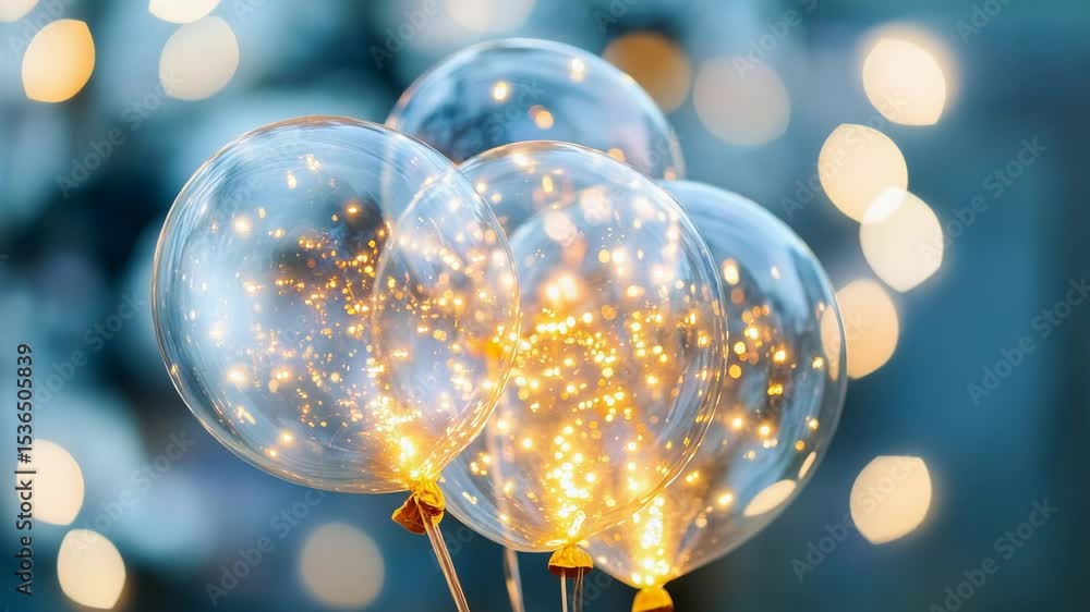 Poster magical glow balloons sparkling in festive atmosphere with soft bokeh background.