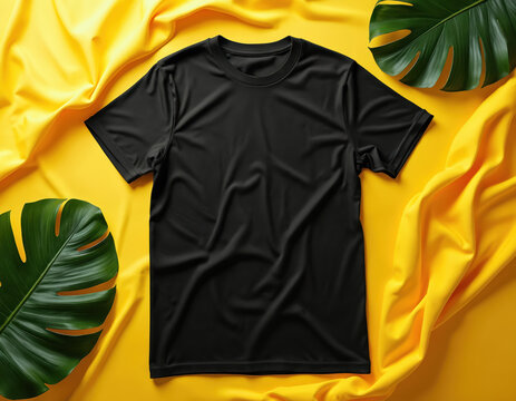 Black t-shirt on vivid yellow background with tropical leaf. Basic apparel garment for mockup template, design presentation. Clothing retail store branding, advertising. Empty copy space for text, - Powered by Adobe