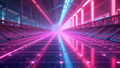 Futuristic solar panel array illuminated with purple and pink lights. Energy tech innovation, renewable eco-friendly power system in modern design, clean bright future.