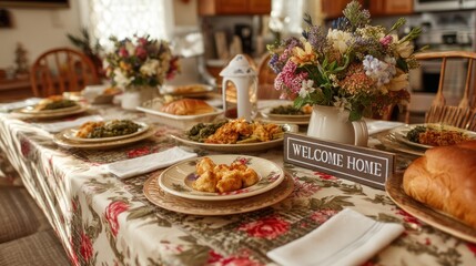 Family gathering to celebrate Motherâ€™s Day with a recently returned soldier, table set with flowers, food, and a visible â€˜Welcome Homeâ€™ sign, warmth and unity theme