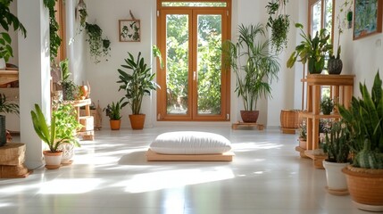 Sunlight filled room with abundant potted plants tranquil interior scene