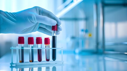 Medical Laboratory Testing &ndash; Gloved Hand Holding Blood Sample in Test Tubes on Lab Bench