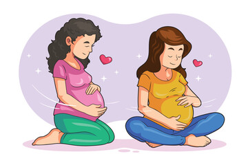 Smiling Pregnant Woman Sitting, Touching Belly