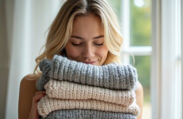 Young woman holds folded clean clothes, smells them with closed eyes. Blonde female enjoys laundry scent, expresses happiness. Warm knitted textile stack, cozy home atmosphere.