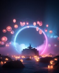 Obraz premium Digital rabbit DJ performing on a moon-shaped stage during a futuristic Mid-Autumn Festival rave, glowing lanterns pulse with the beat neon cyber-aesthetic 