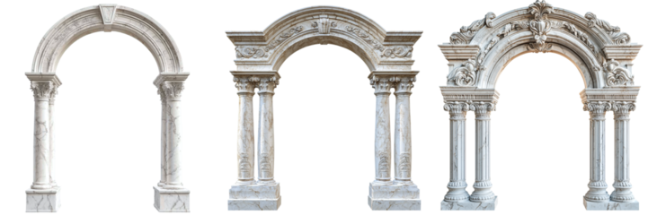 Set of vintage marble arches isolated on transparent background PNG