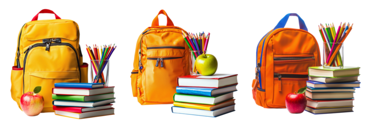 Set of school bags with books and pencils isolated on transparent background PNG