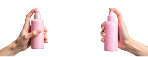 Hand Spraying Pink Cosmetic Mist Bottle with Soft Fog, isolated on transparent background PNG