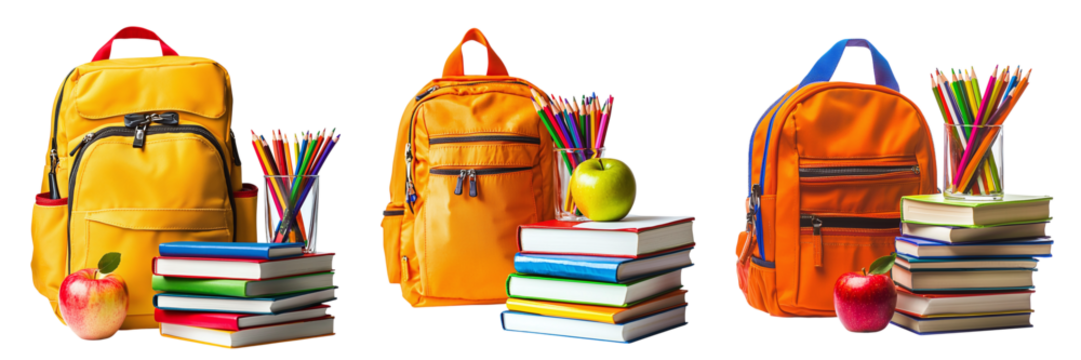 Set of school bags with books and pencils isolated on transparent background PNG - Powered by Adobe