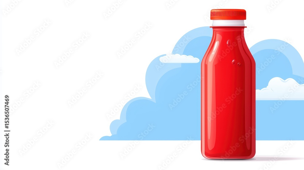 Poster bright red liquid in bottled container surrounded by soft clouds on a clean white background