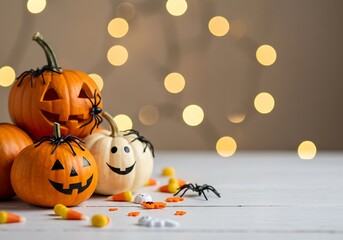 Festive Halloween Jack-o'-lanterns and Candy on a White Table. Generative Ai