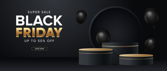 Realistic 3D Black Friday podium on a black background. Perfect for product display, mockups, showrooms and showcases. Vector illustration