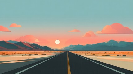 Stunning photo of minimalist Desert Road at Sunset with Pastel Sky and Distant Mountains.
