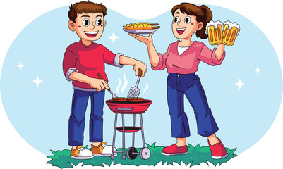 Barbecue Time with Happy Couple Cooking Outdoors