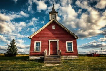 Fototapeta premium A charming red historic church stands in a serene rural landscape, surrounded by green grass and expansive blue sky filled with fluffy clouds, depicting tranquility.