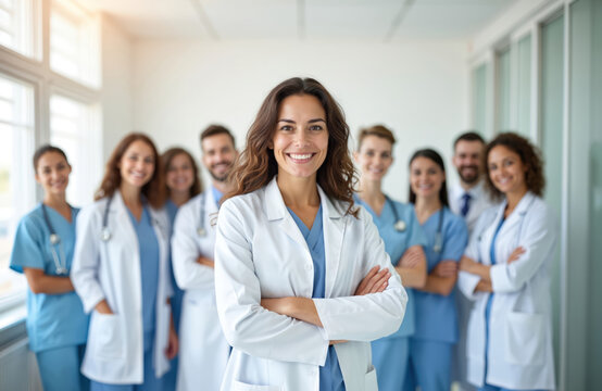 Smiling woman doctor stands with medical team in clinic. Group of healthcare professionals in scrubs and white coats. Diverse medical staff portrait in hospital. Teamwork, medicine and health.