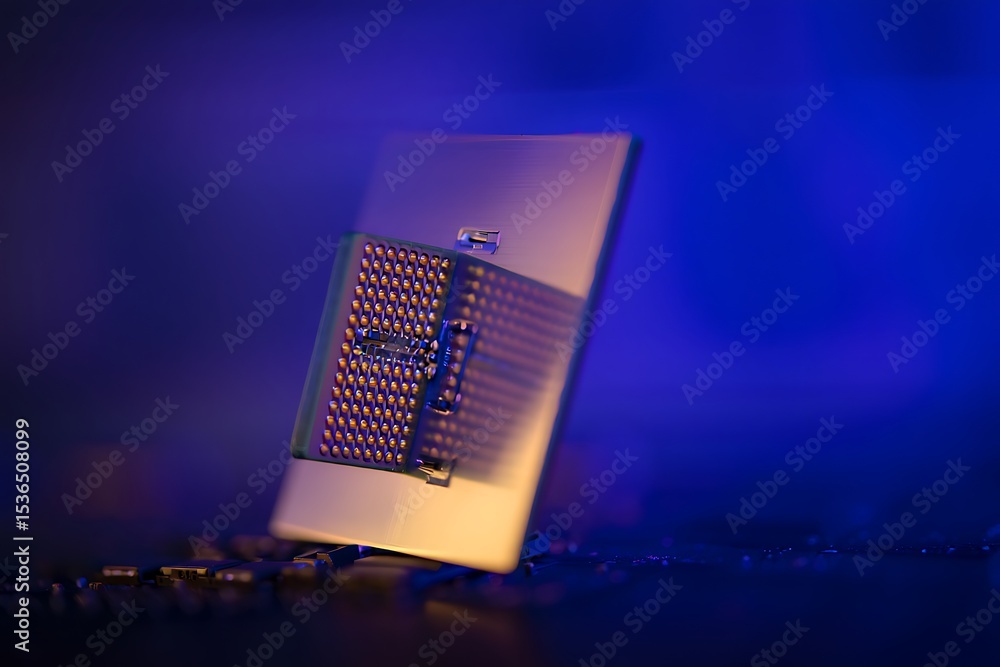 Poster microprocessor chip close-up on abstract blue and gold background