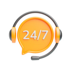 Call center 3d icon. Realistic yellow speech bubble with 24 7 text and headset around. All day working, 24 hour 7 day of week phone support concept. Trendy cute vector illustration isolated on white