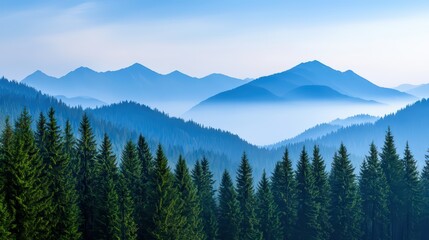 Naklejka premium Serene Mountain Landscape with Misty Peaks and Lush Evergreen Forests Under Clear Blue Sky