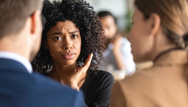 Young woman expressing concern during a conversation with two colleagues in a modern office setting, showing emotional engagement