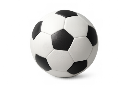 Soccer ball with traditional black and white pentagons isolated on transparent background, ready for compositing