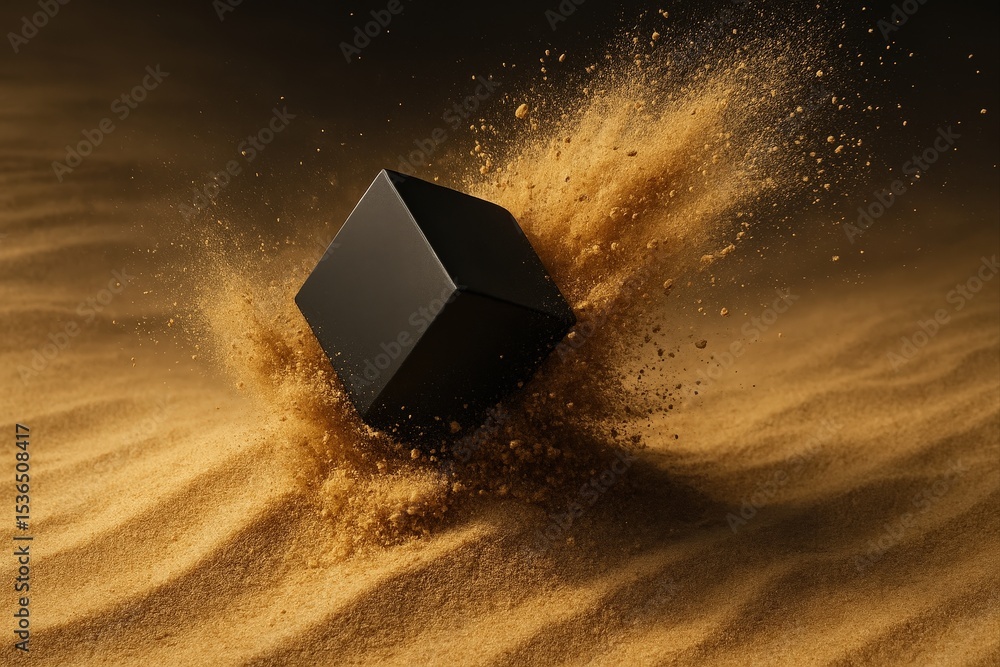 Poster black cube crashing into golden sand with dramatic motion, abstract 3d concept in dynamic lighting