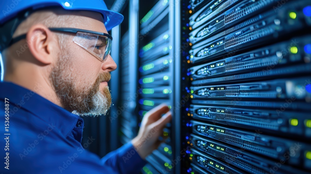 Poster focused technician analyzing server rack in data center with professional gear and safety procedures