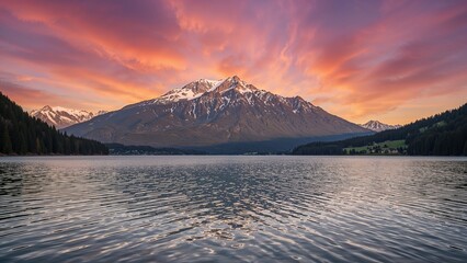 A beautiful mountain range is reflected in the calm waters of a lake